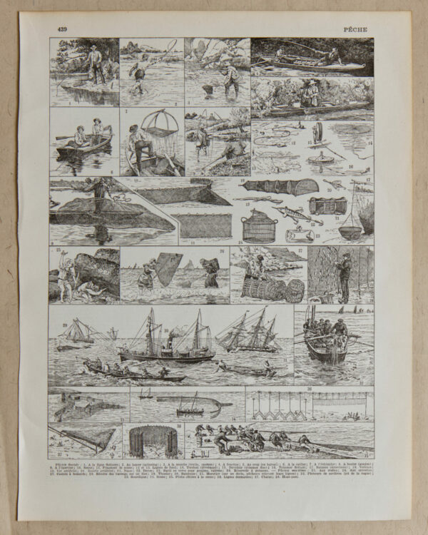 Pêche, planche encyclopédique originale 1930