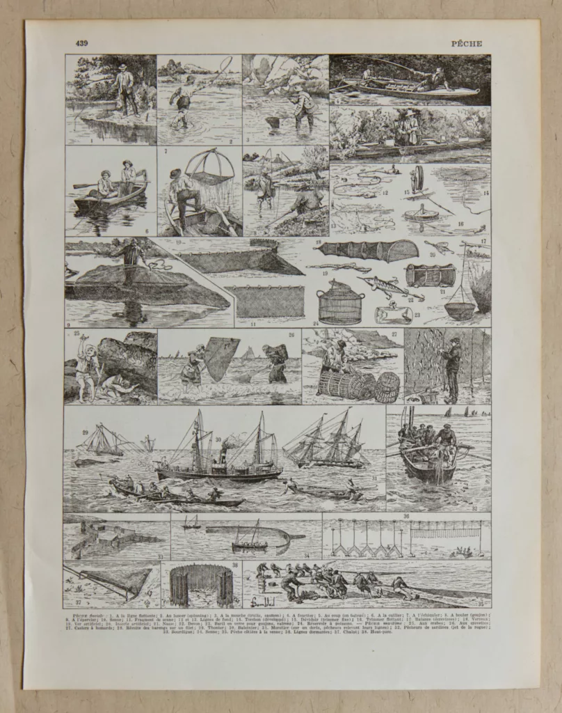 Pêche, planche encyclopédique originale 1930