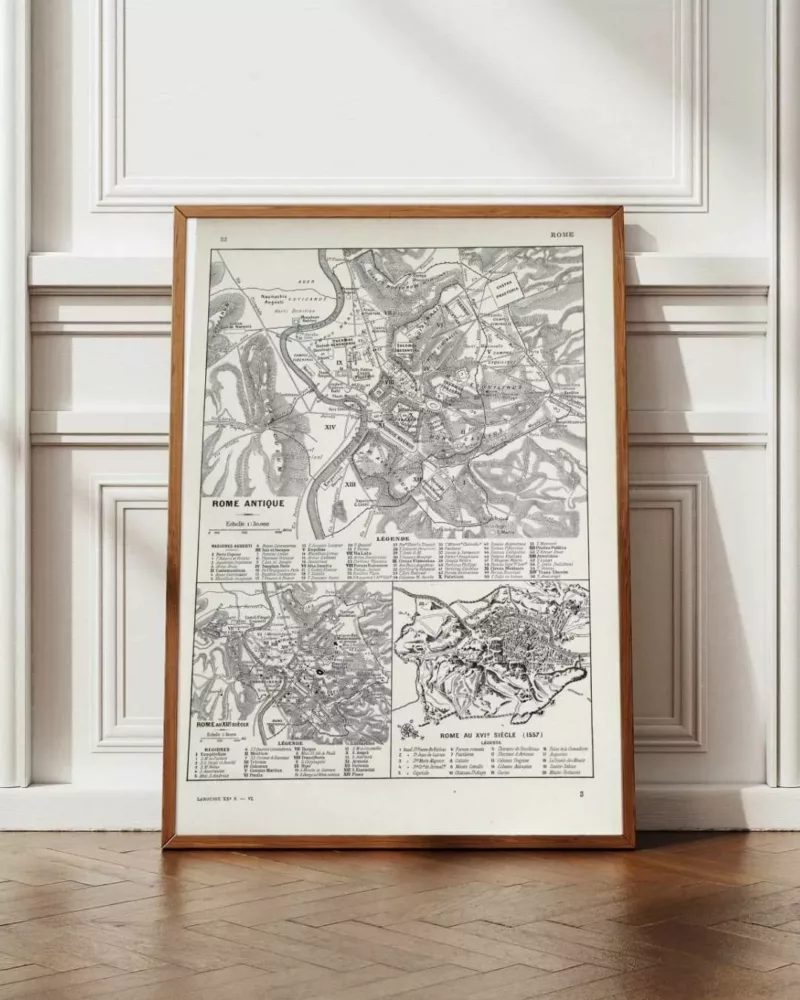 Rome antique, médiévale et Renaissance, plans historiques 1930 – planche encadrée en décoration murale