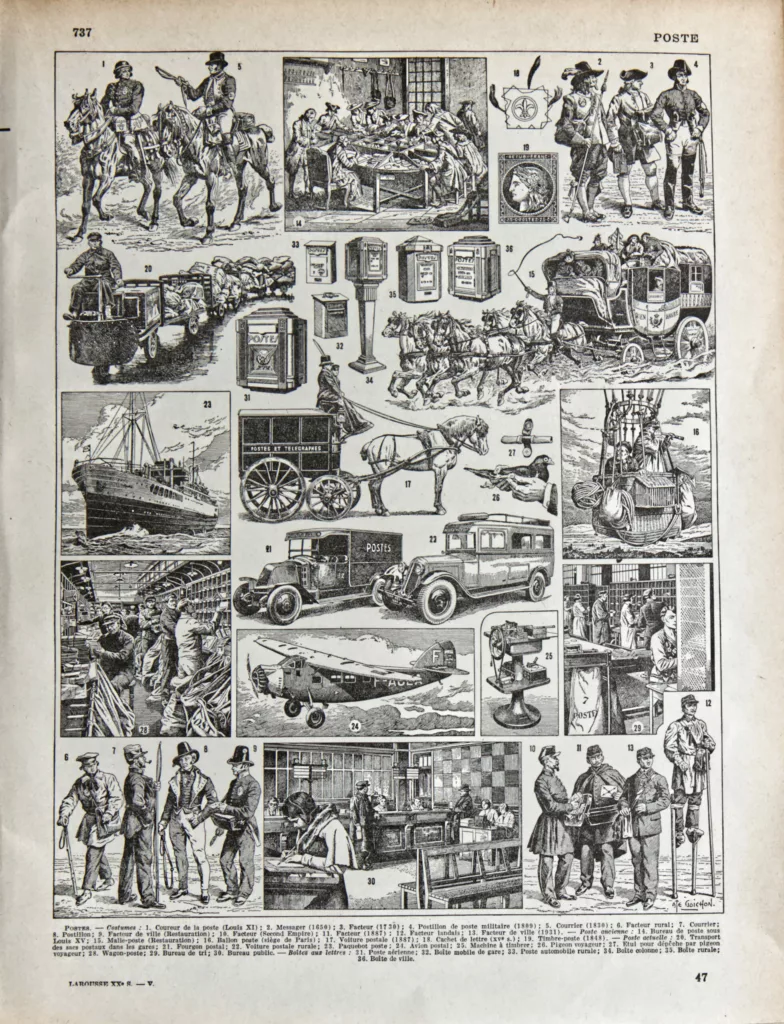 Planche illustrée sur La Poste, métiers et histoire postale, planche originale 1932