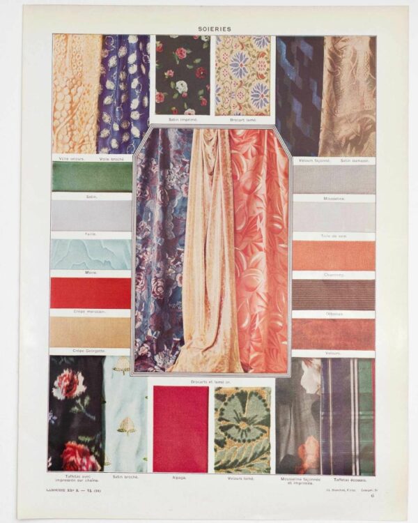 Soieries, 22 tissus en couleurs et fabrication de la soie, planche 1930