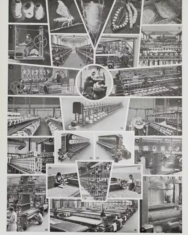 Soieries, 22 tissus en couleurs et fabrication de la soie, planche 1930 – verso du document ancien