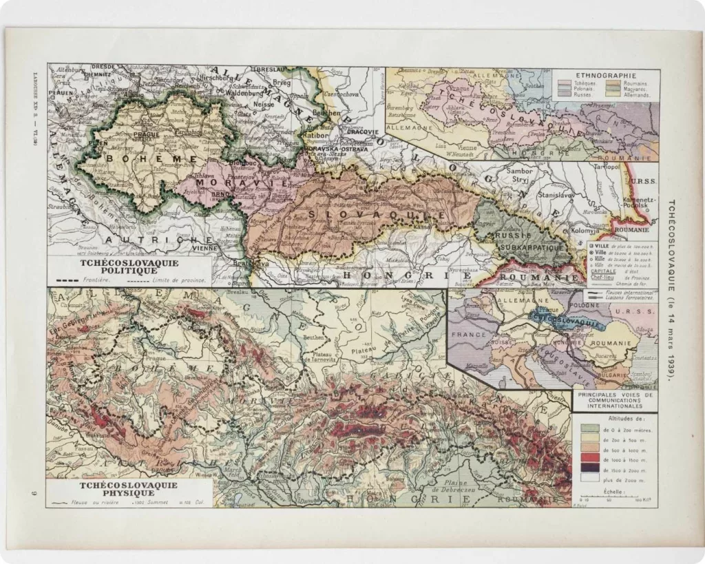 Tchécoslovaquie, carte mise à jour en 1939, planche édition 1930