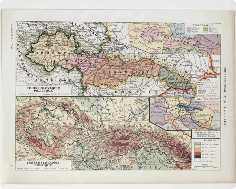Tchécoslovaquie, carte mise à jour en 1939, planche édition 1930