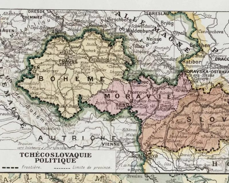 Tchécoslovaquie, carte mise à jour en 1939, planche édition 1930 – planche encadrée en décoration murale