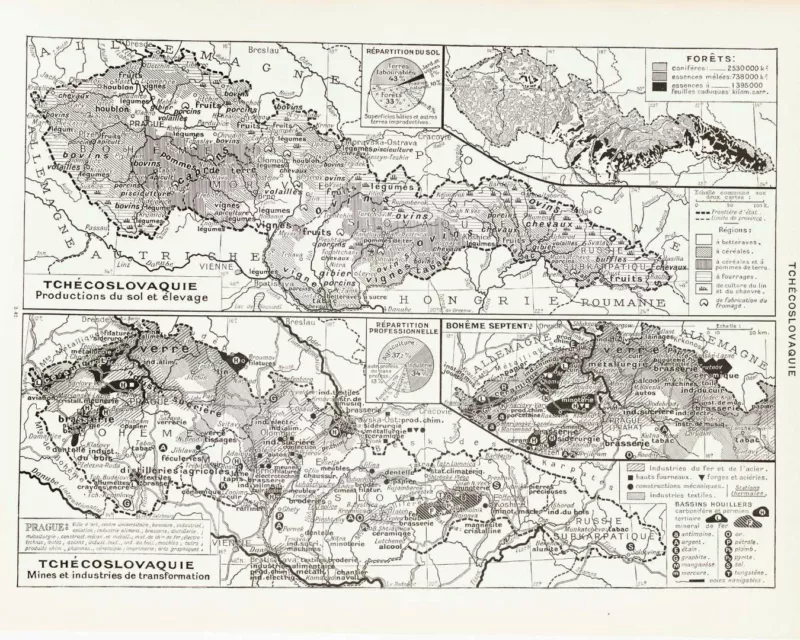 Tchécoslovaquie, carte mise à jour en 1939, planche édition 1930 – verso du document ancien