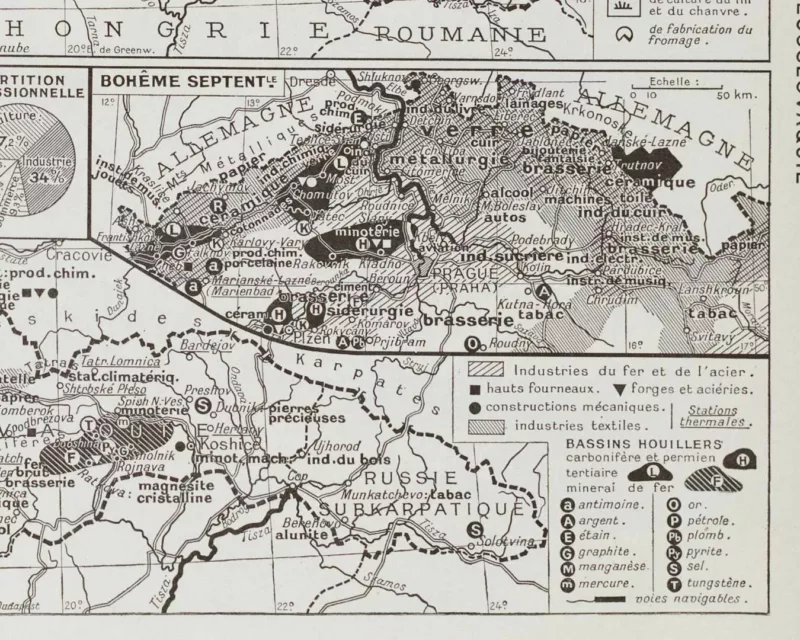 Tchécoslovaquie, carte mise à jour en 1939, planche édition 1930 – verso encadré en décoration murale