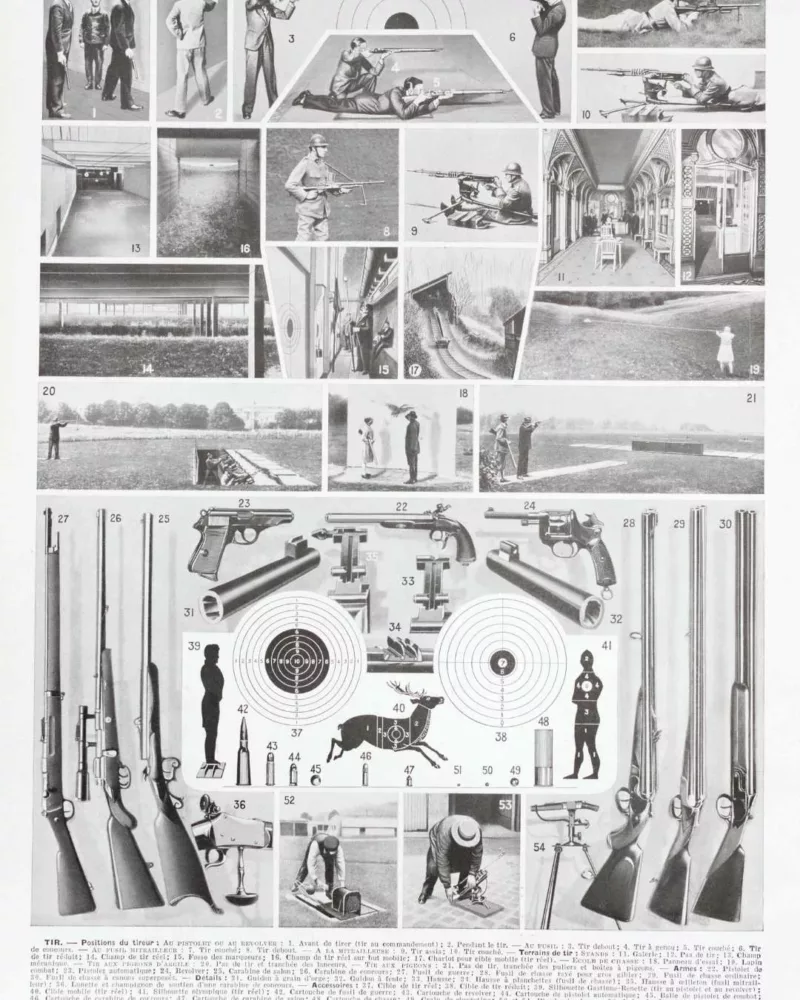 Tir positions fusils 1930, stand de tir, carabines, pistolets – planche ancienne entière