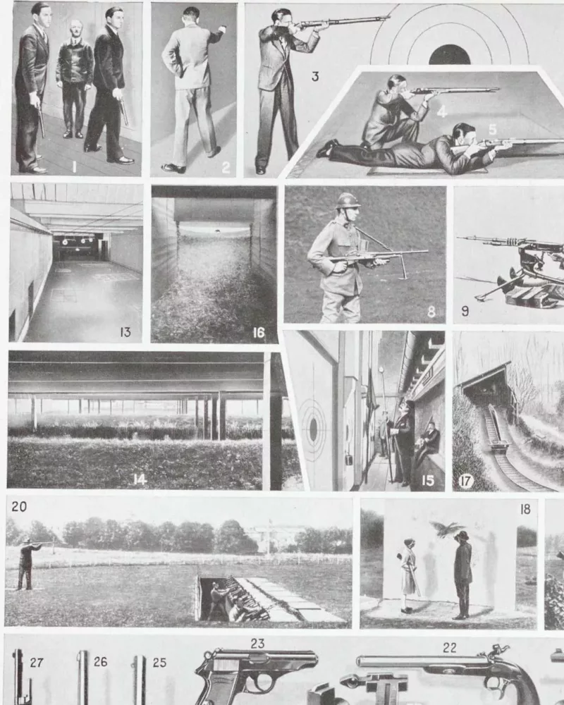 Tir positions fusils 1930, stand de tir, carabines, pistolets – détail de la planche ancienne