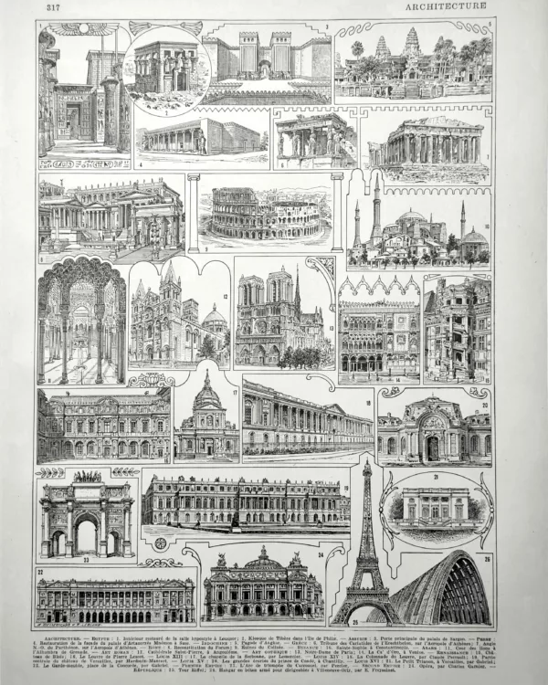 XX11928ARCH-R-architecture Architecture mondiale, temples, cathédrales, palais et monuments, planche originale de 1928