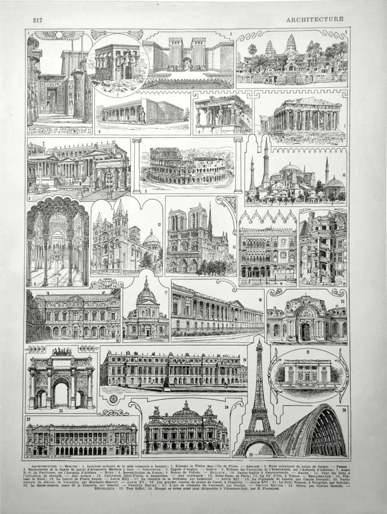 Architecture mondiale, temples, cathédrales, palais et monuments, planche originale de 1928