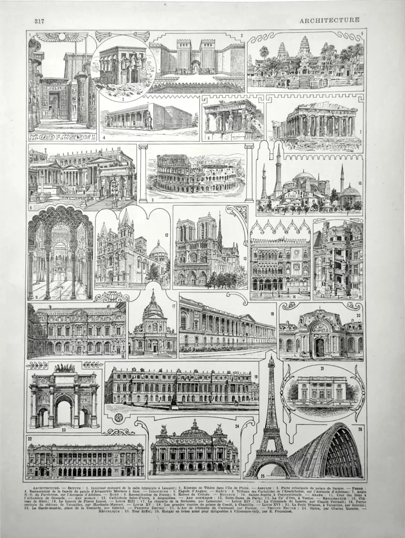 XX11928ARCH-R-architecture Architecture mondiale, temples, cathédrales, palais et monuments, planche originale de 1928