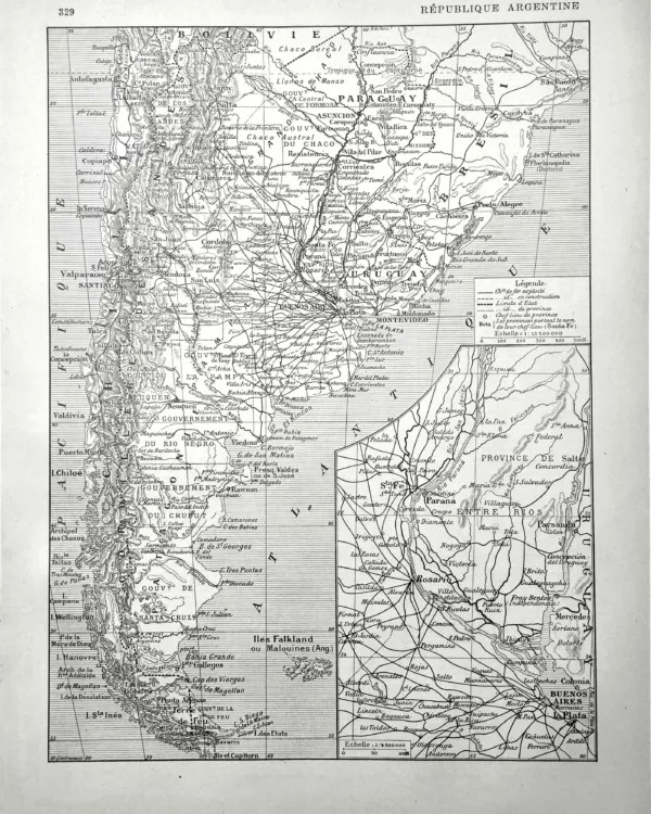 XX11928ARGE-R-argentine-carte République Argentine, carte géographique et ferroviaire en noir et blanc, planche originale de 1928