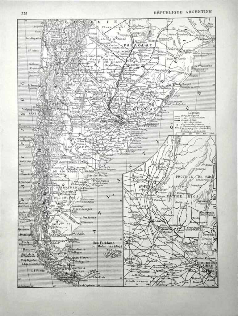 République Argentine, carte géographique et ferroviaire en noir et blanc, planche originale de 1928