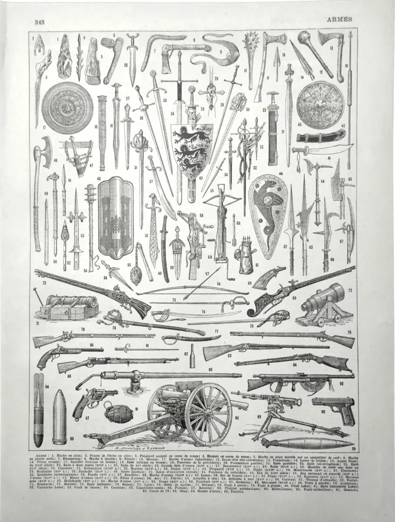 Armes anciennes et modernes, épées, boucliers, arquebuses, canon et mitrailleuse, planche de 1928