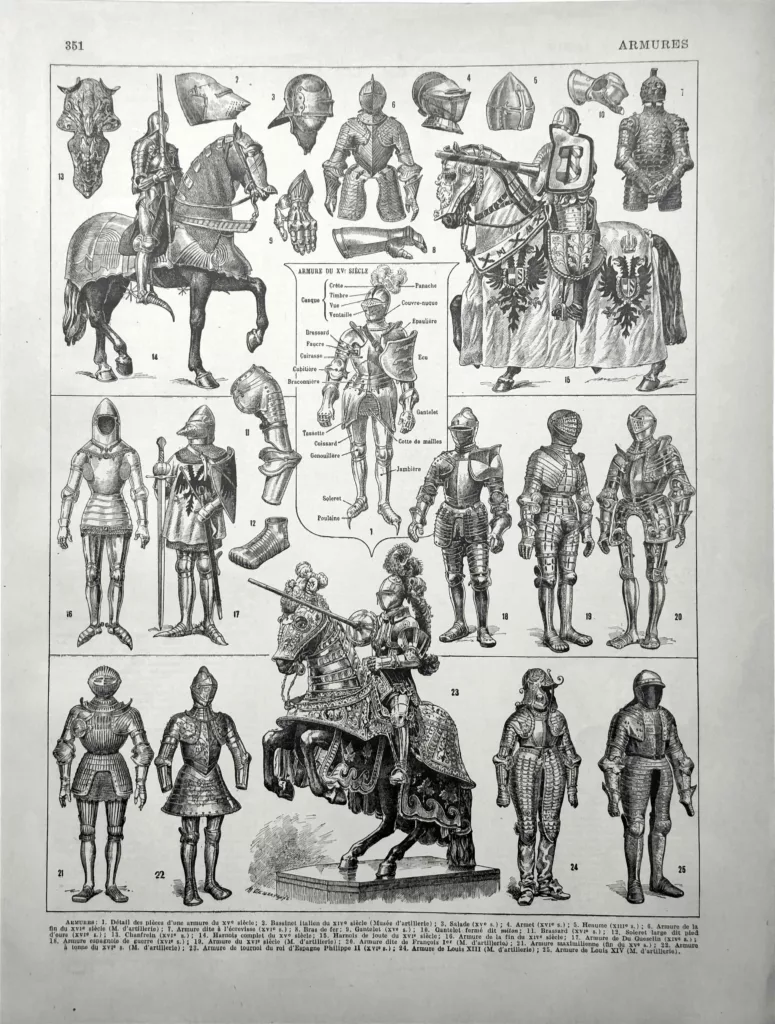 Armures, harnois, chevaliers et détails d'armement, planche historique originale de 1928