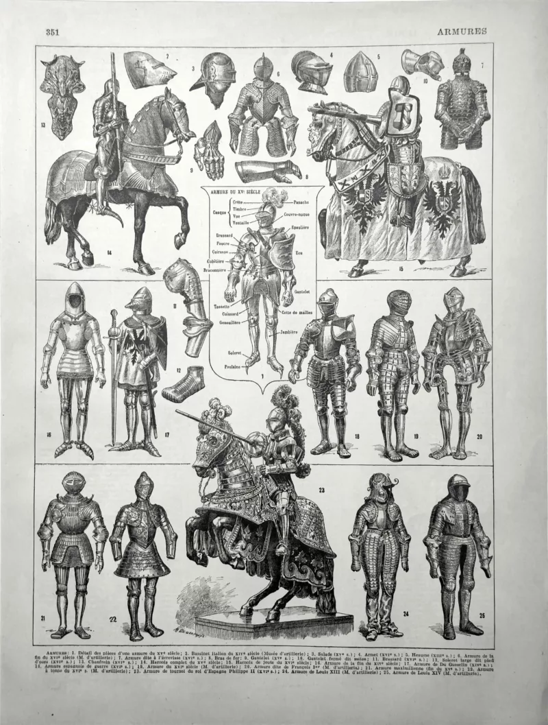 XX11928ARMU-R-armures Armures, harnois, chevaliers et détails d'armement, planche historique originale de 1928