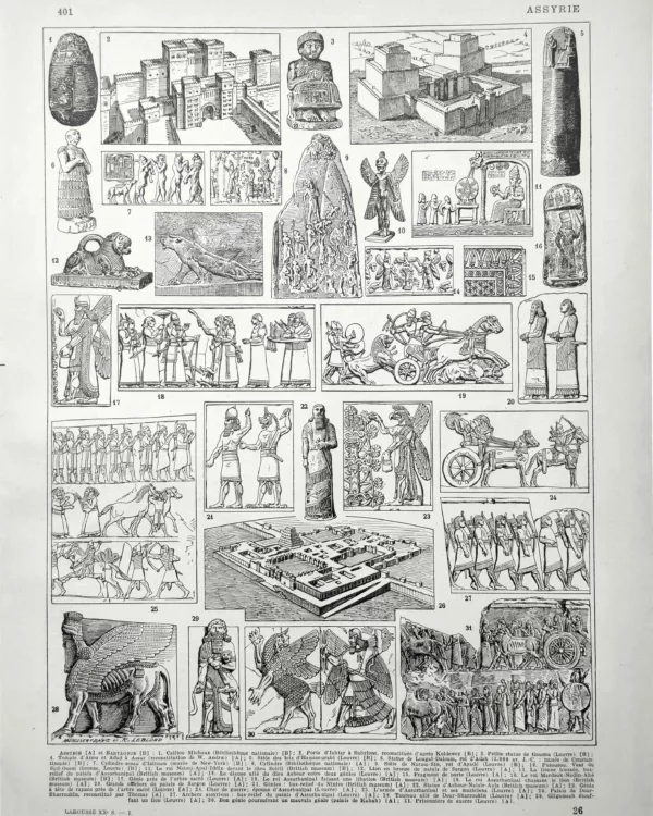 XX11928ASSY-R-art-assyrie Assyrie antique, monuments, bas-reliefs, palais et sculptures, planche historique originale de 1928