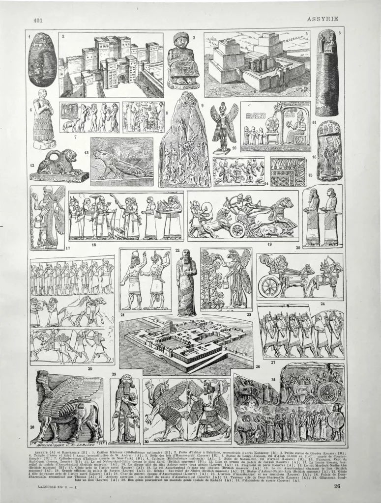 Assyrie antique, monuments, bas-reliefs, palais et sculptures, planche historique originale de 1928
