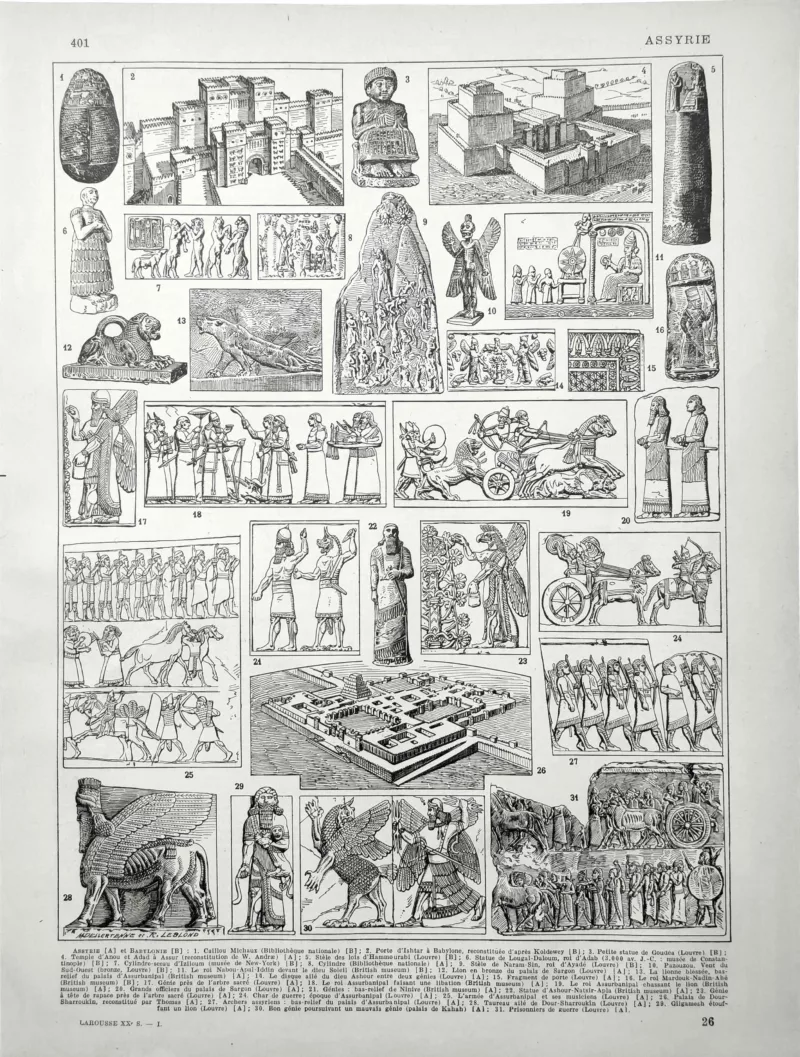 Assyrie antique, monuments, bas-reliefs, palais et sculptures, planche historique originale de 1928