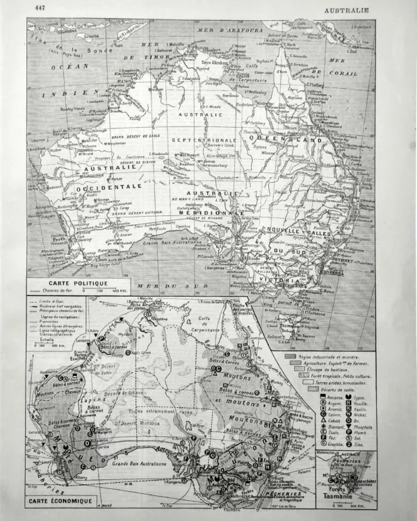 XX11928AUST-R-autralie-carte Australie, carte politique et économique, planche géographique ancienne de 1928