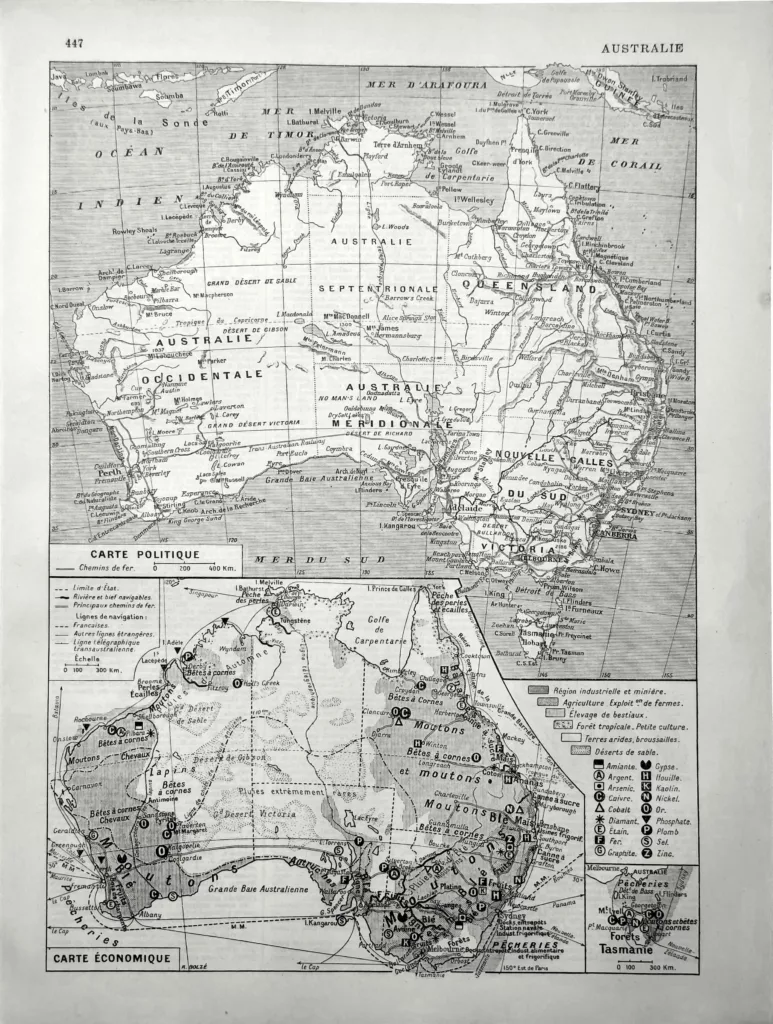 Australie, carte politique et économique, planche géographique ancienne de 1928