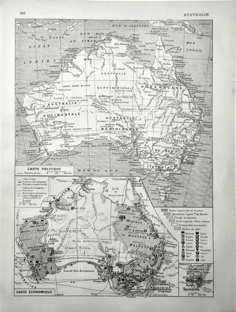 XX11928AUST-R-autralie-carte Australie, carte politique et économique, planche géographique ancienne de 1928