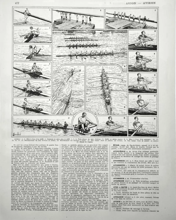 XX11928AVIR-R-aviron Aviron, gestes du rameur, skiffs et courses nautiques, planche sportive de 1928 signée Bombled