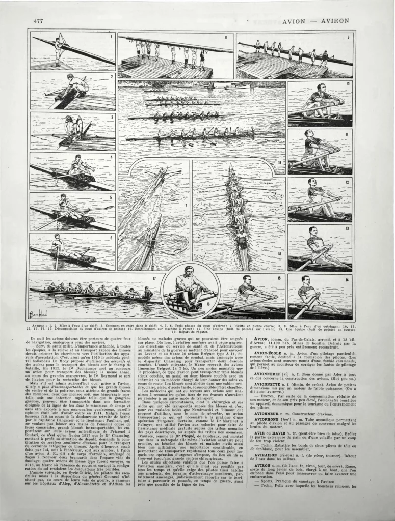 Aviron, gestes du rameur, skiffs et courses nautiques, planche sportive de 1928 signée Bombled