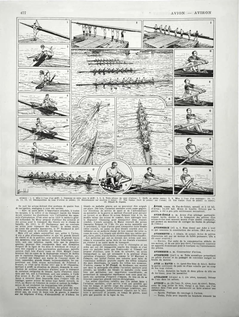 XX11928AVIR-R-aviron Aviron, gestes du rameur, skiffs et courses nautiques, planche sportive de 1928 signée Bombled