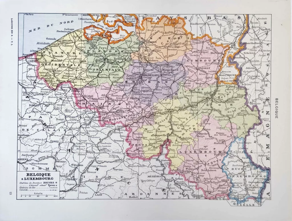 Belgique et Luxembourg, carte politique en couleurs, planche géographique ancienne de 1928