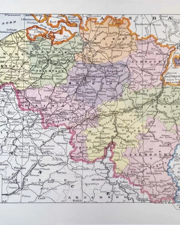 XX11928BELG-R-belgique-carte Belgique et Luxembourg, carte politique en couleurs, planche géographique ancienne de 1928