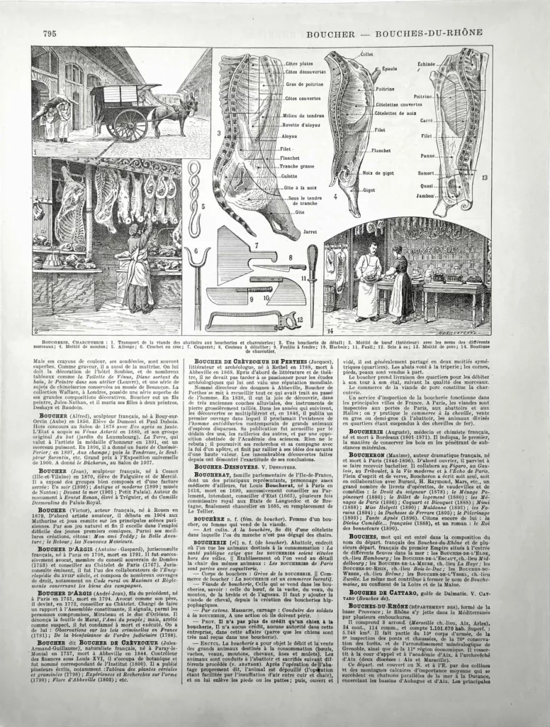 Boucherie et charcuterie, découpe du boeuf, outils et boutique de boucher, planche de 1928