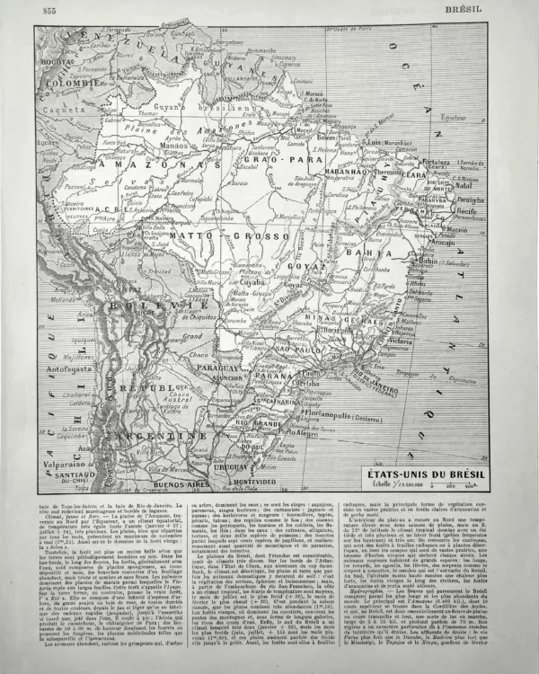 XX11928BRES-R-bresil-carte Brésil, carte ancienne avec États, villes, fleuves et Amazonie, planche géographique de 1928