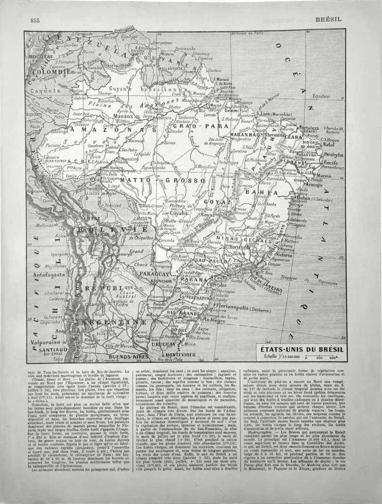 Brésil, carte ancienne avec États, villes, fleuves et Amazonie, planche géographique de 1928