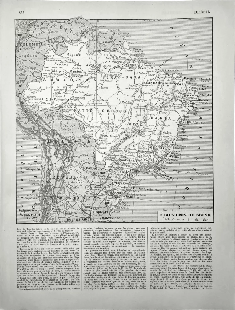 XX11928BRES-R-bresil-carte Brésil, carte ancienne avec États, villes, fleuves et Amazonie, planche géographique de 1928
