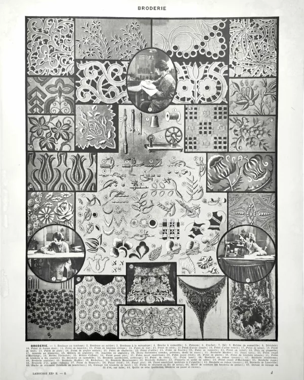 Broderie, techniques, points, outils et motifs brodés, planche originale de 1928