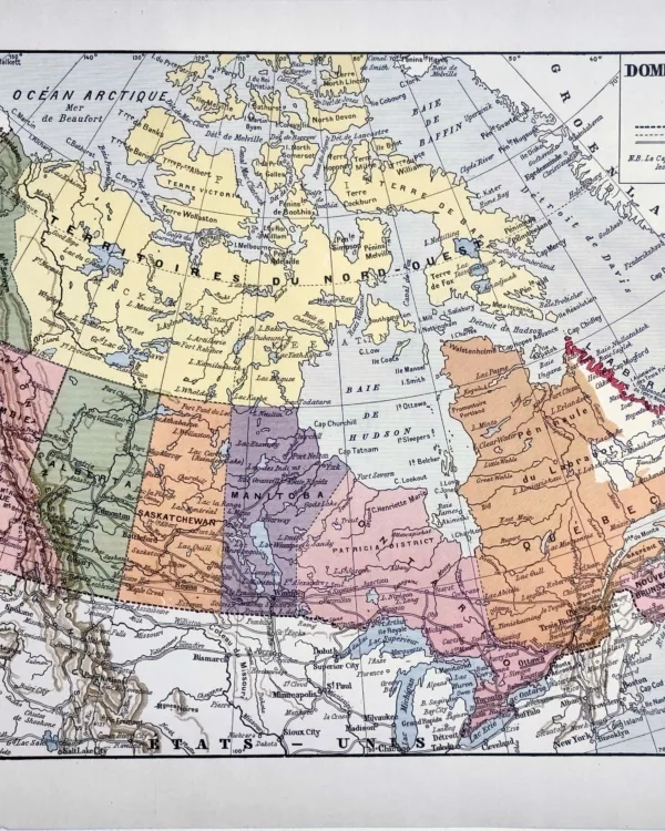 Canada, carte politique en couleurs avec provinces et territoires, planche originale de 1928