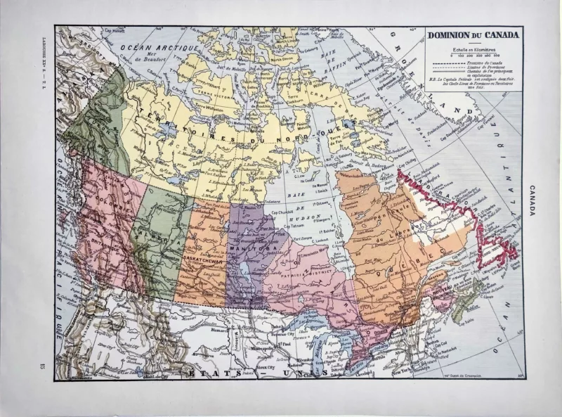 XX11928CANA-R-canada-carte Canada, carte politique en couleurs avec provinces et territoires, planche originale de 1928