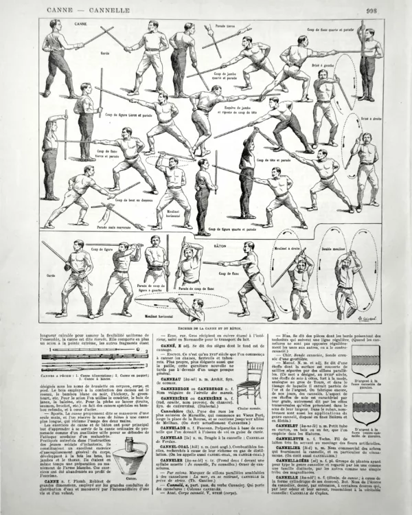 XX11928CANN-R-canne-sport Escrime à la canne et au bâton, gardes, parades et coups, planche sportive de 1928