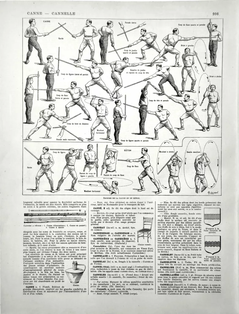 Escrime à la canne et au bâton, gardes, parades et coups, planche sportive de 1928
