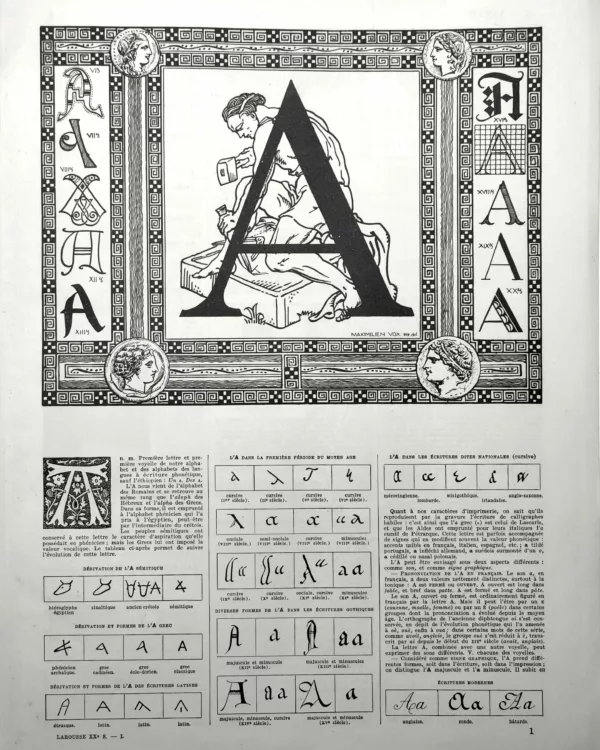 Lettre A, formes historiques et typographiques, planche de Maximilien Vox de 1928