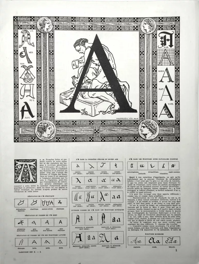Lettre A, formes historiques et typographiques, planche de Maximilien Vox de 1928