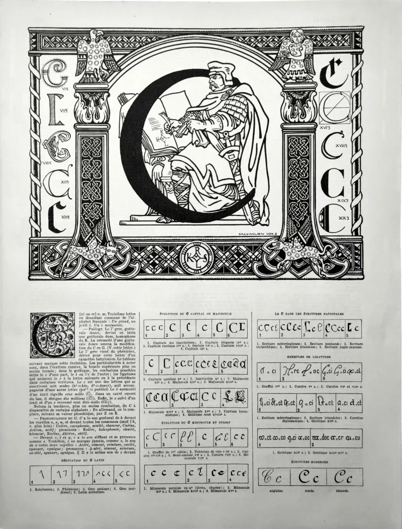 XX11928LETC-R-lettre-C-vox Lettre C, histoire typographique et formes anciennes, planche de 1928 dessinée par Maximilien Vox