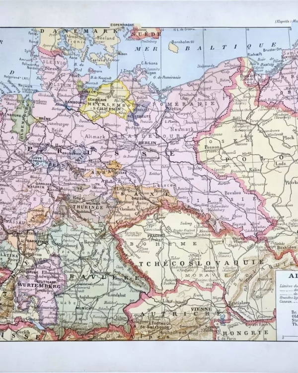 Allemagne en 1932, carte politique en couleurs, document original