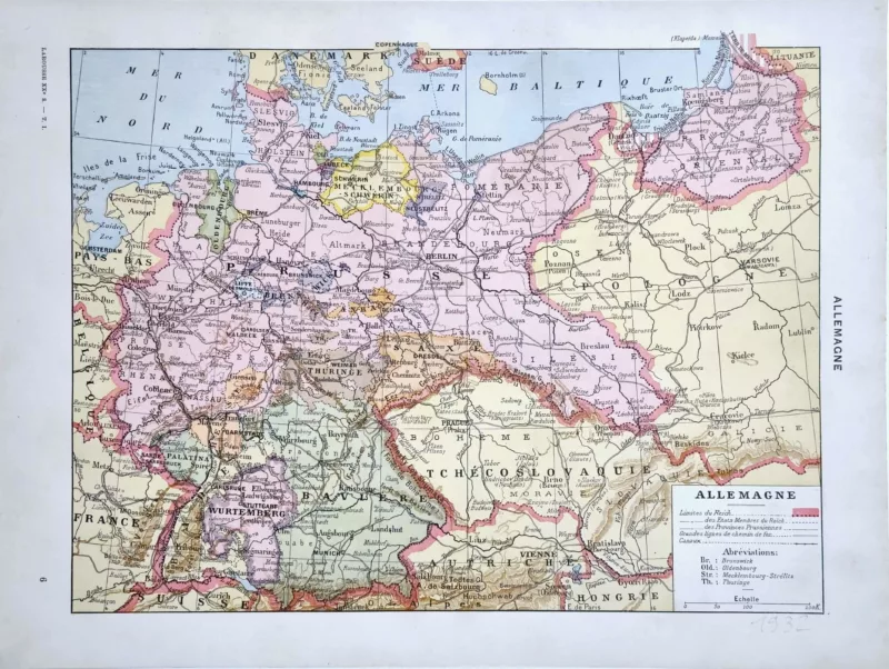 XX11932ALLE-R-carte-allemagne-1932 Allemagne en 1932, carte politique en couleurs, document original