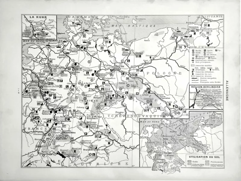 XX11932ALLE-V-carte-allemagne-1932 Allemagne en 1932, carte économique en noir et blanc avec industrie et utilisation du sol