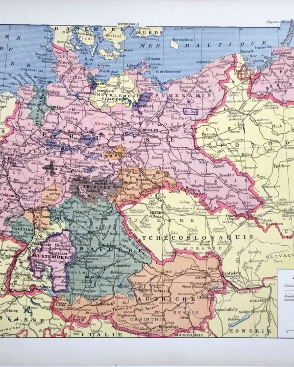 Allemagne en 1938, carte politique en couleurs, document original