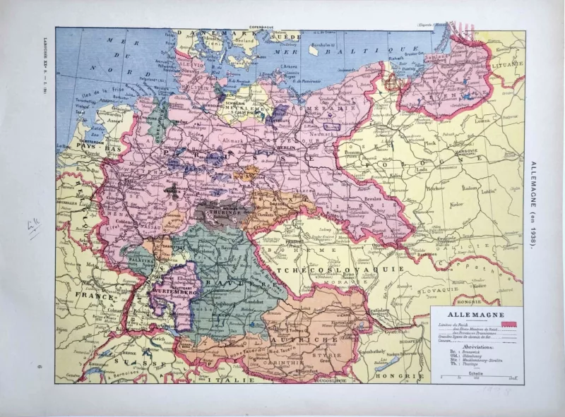 XX11938ALLE-R-carte-allemagne-1938 Allemagne en 1938, carte politique en couleurs, document original
