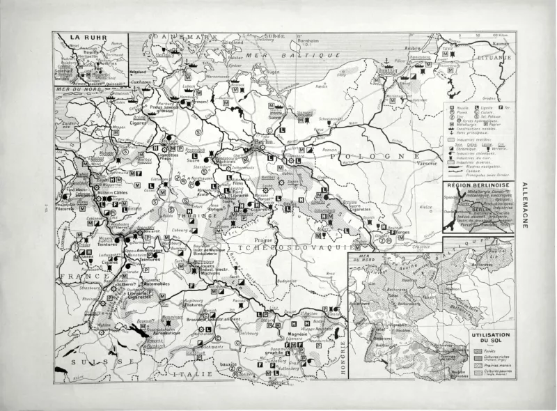 XX11938ALLE-V-carte-allemagne-1938 Allemagne en 1938, carte économique en noir et blanc avec industrie et utilisation du sol